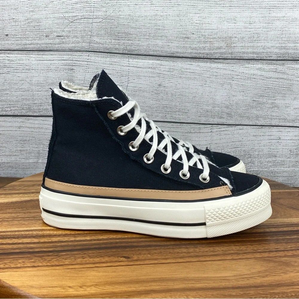 Converse Chuck Taylor All Star Raw Edge Platform High Black Champagne Tan Sz 6.5